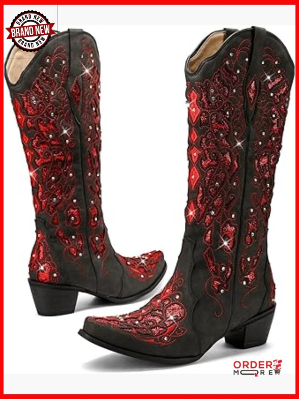 Mid Calf Cowboy Boots Rhinestone Glitter Chunky Heel Western Boots - Picture 1 of 6